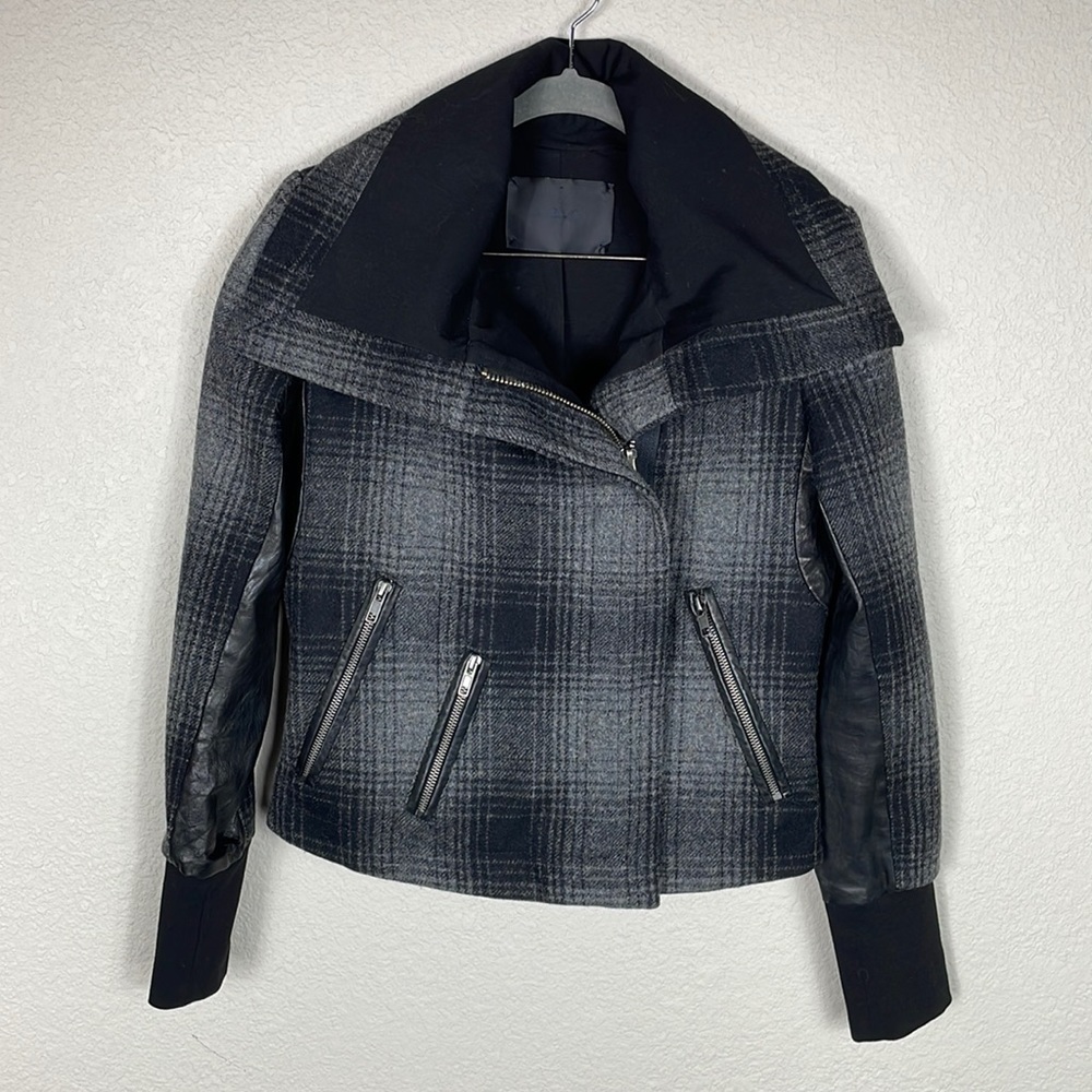Alc Plaid Funnel Biker Moto Jacket Wool Black Gray Dark Academia Tartan Sz 4